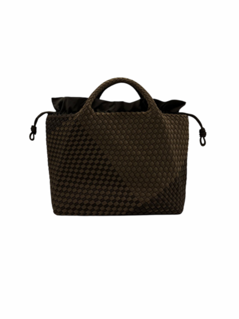 A dark brown woven tote bag with a top handle, shown against a plain white background.