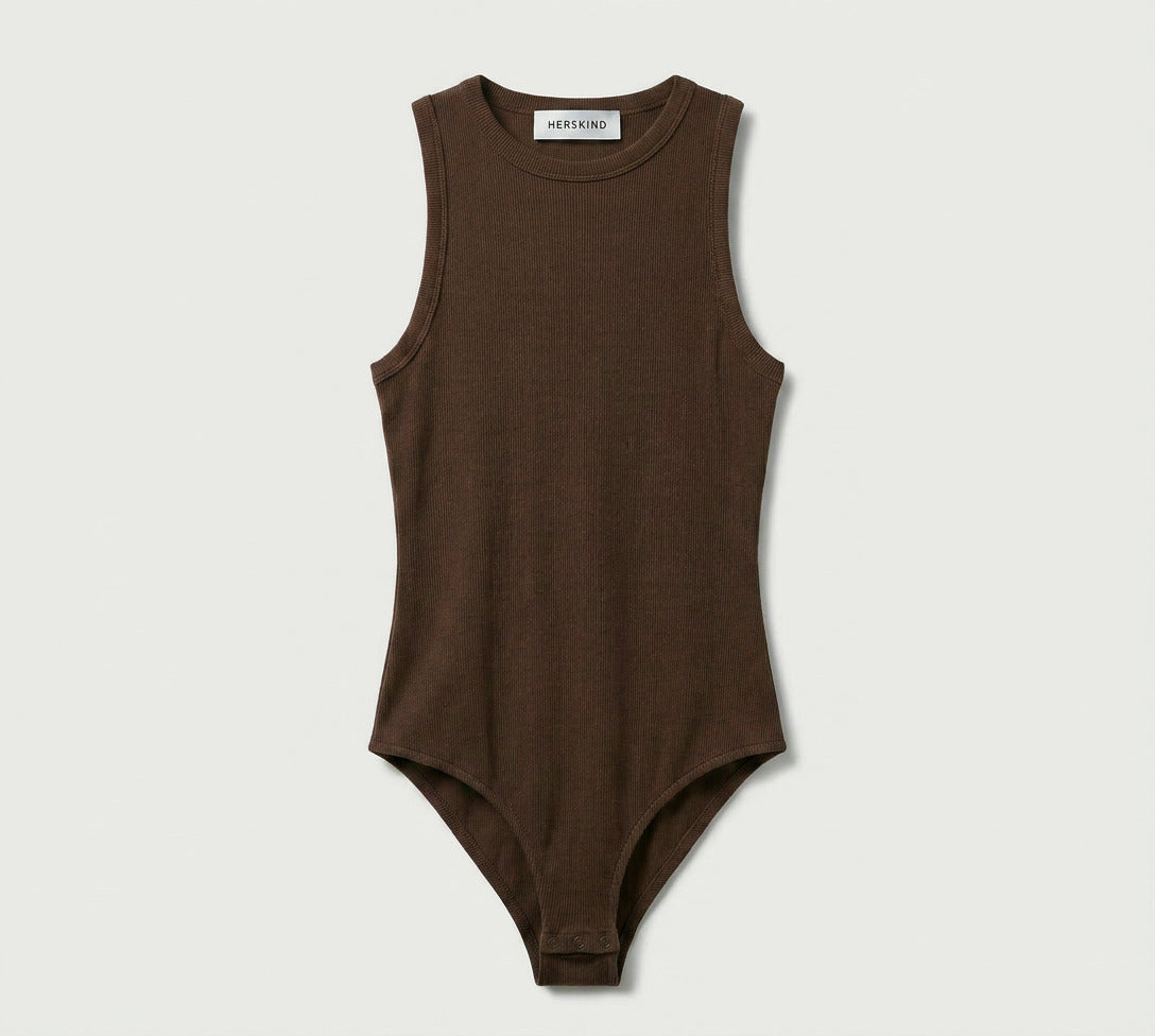 Brown sleeveless bodysuit on a light gray background