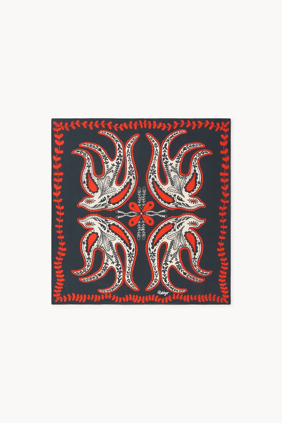 A square scarf featuring a symmetrical, ornate pattern of four stylized bird-like motifs in red, white, and black, framed by a red decorative border on a light gray background.
