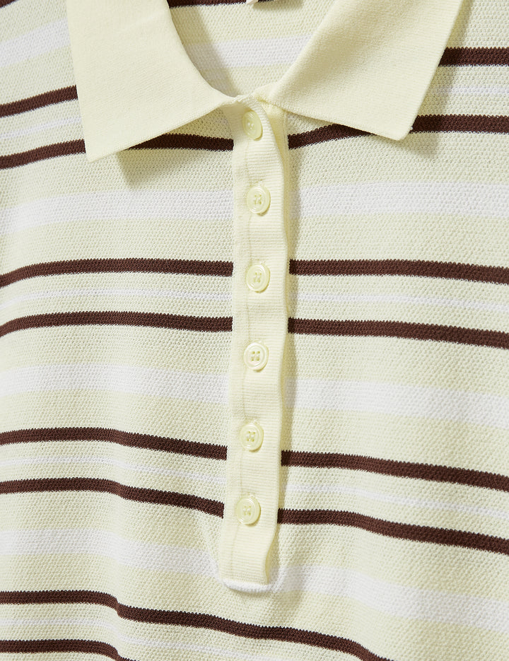 Close-up of a striped polo shirt with brown and white horizontal stripes.