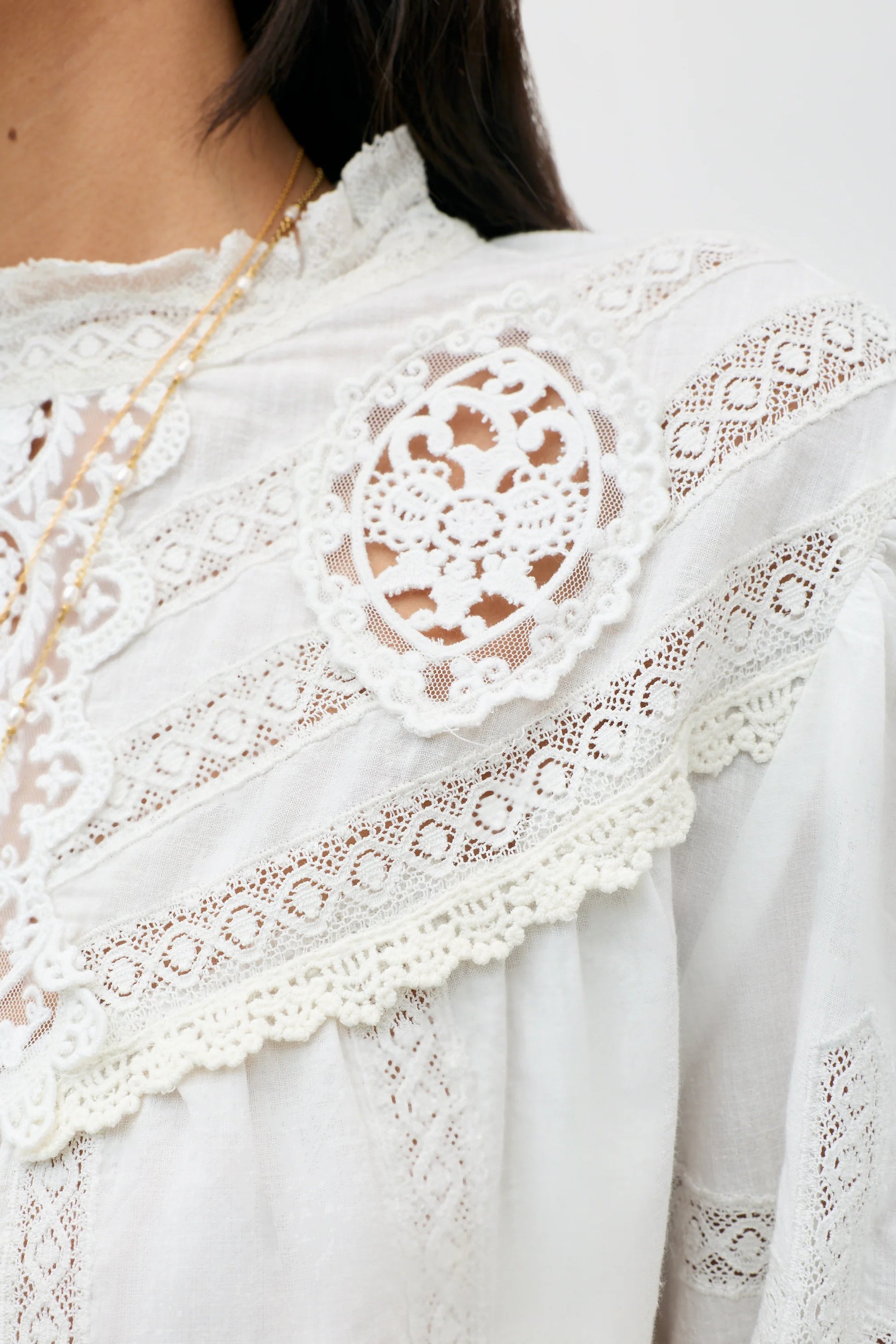 Close-up of a white embroidered blouse with intricate lace and crochet detailing, worn by a model.