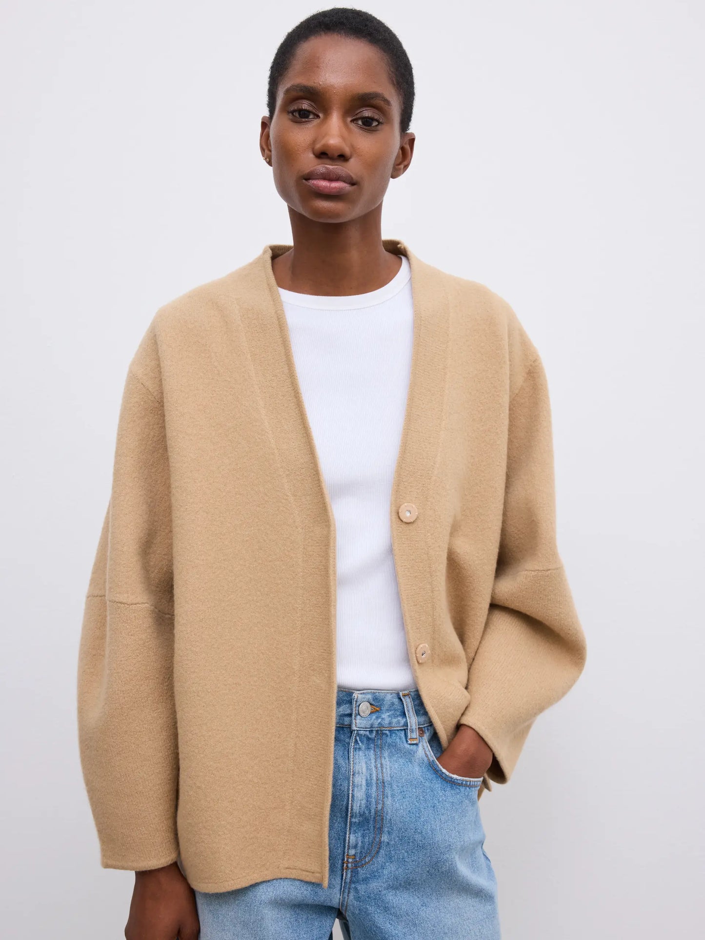 Long wool cardigan in camel