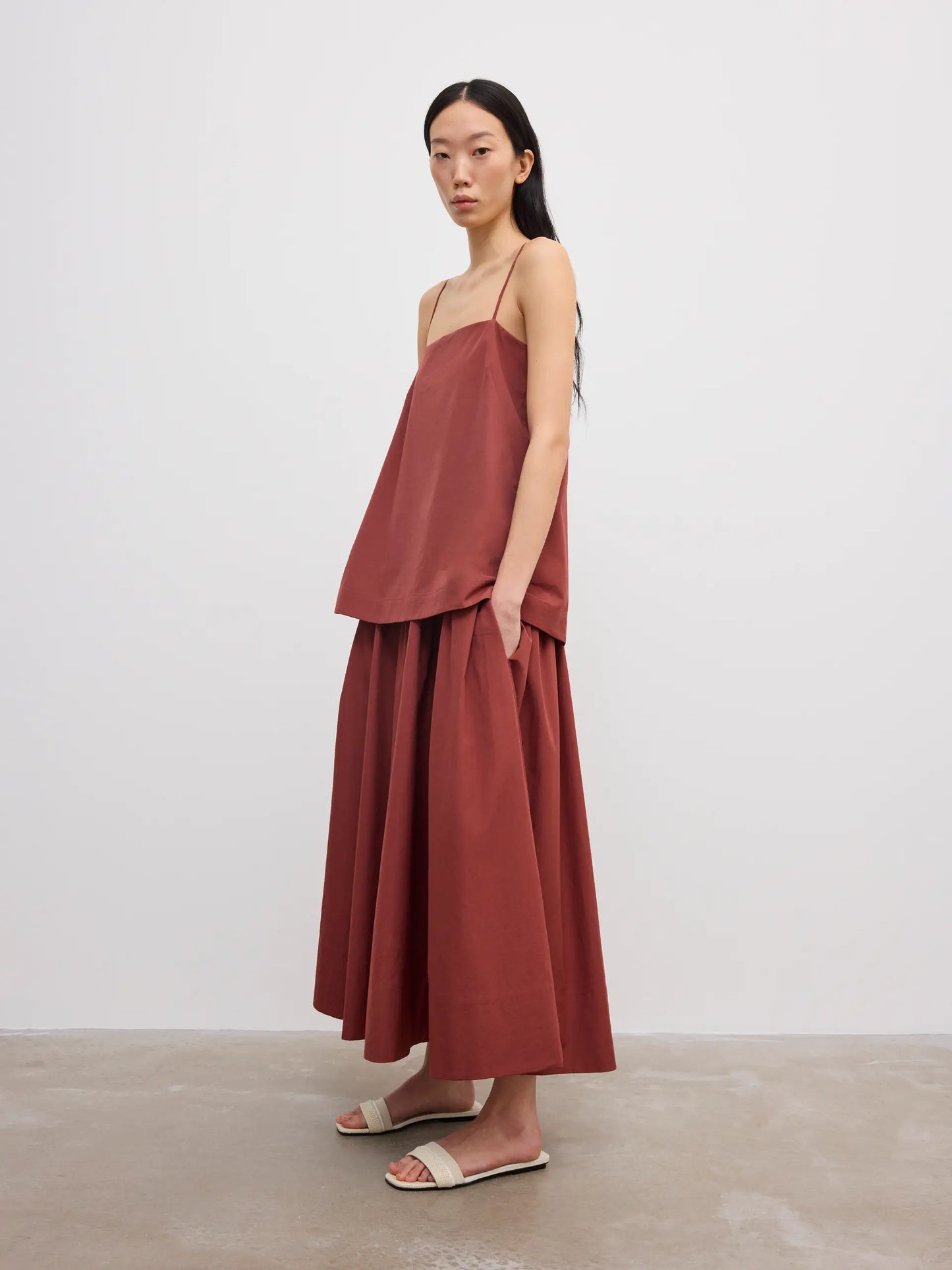 Cotton strap dress in mahogany red