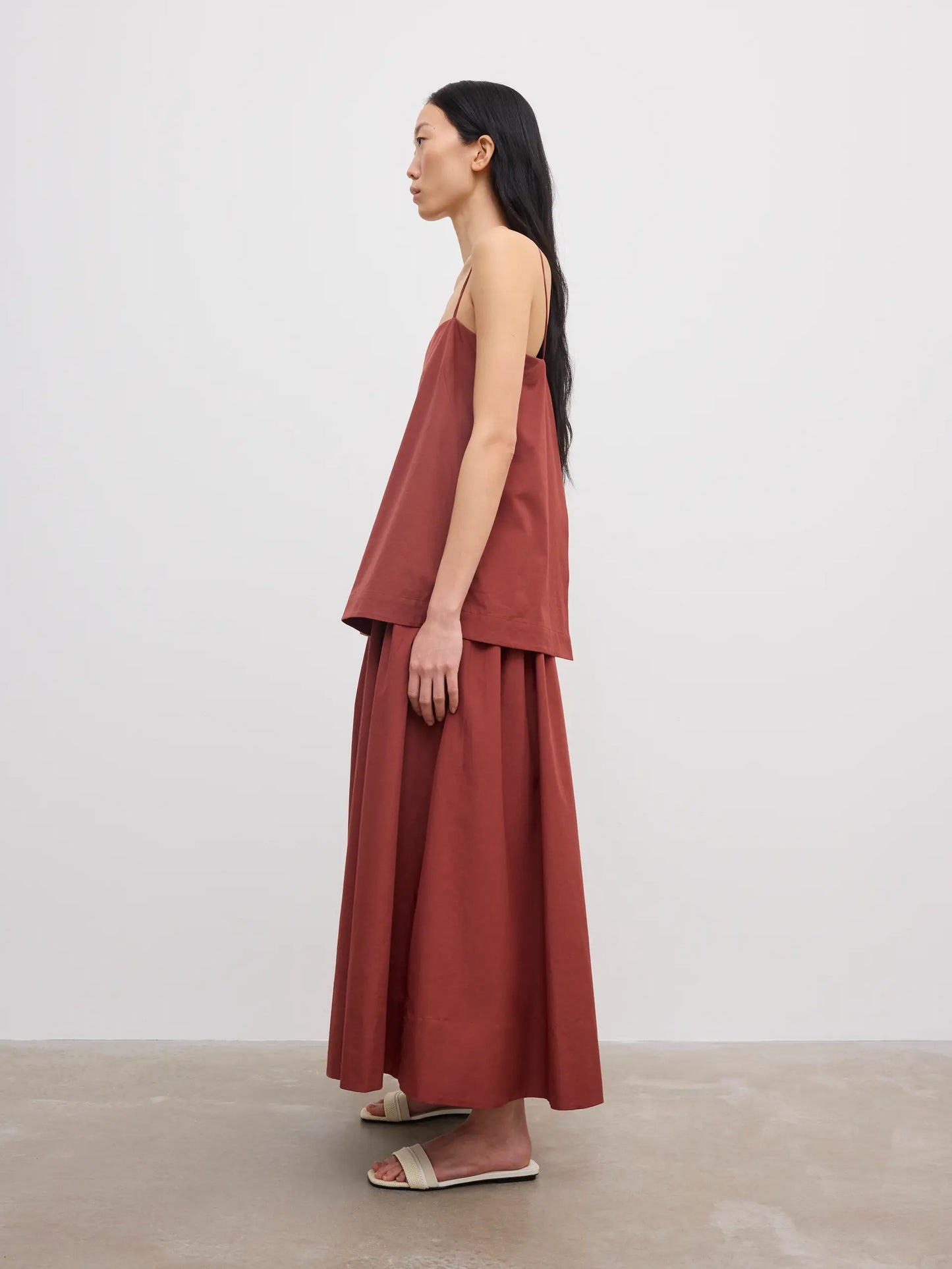 Cotton strap dress in mahogany red