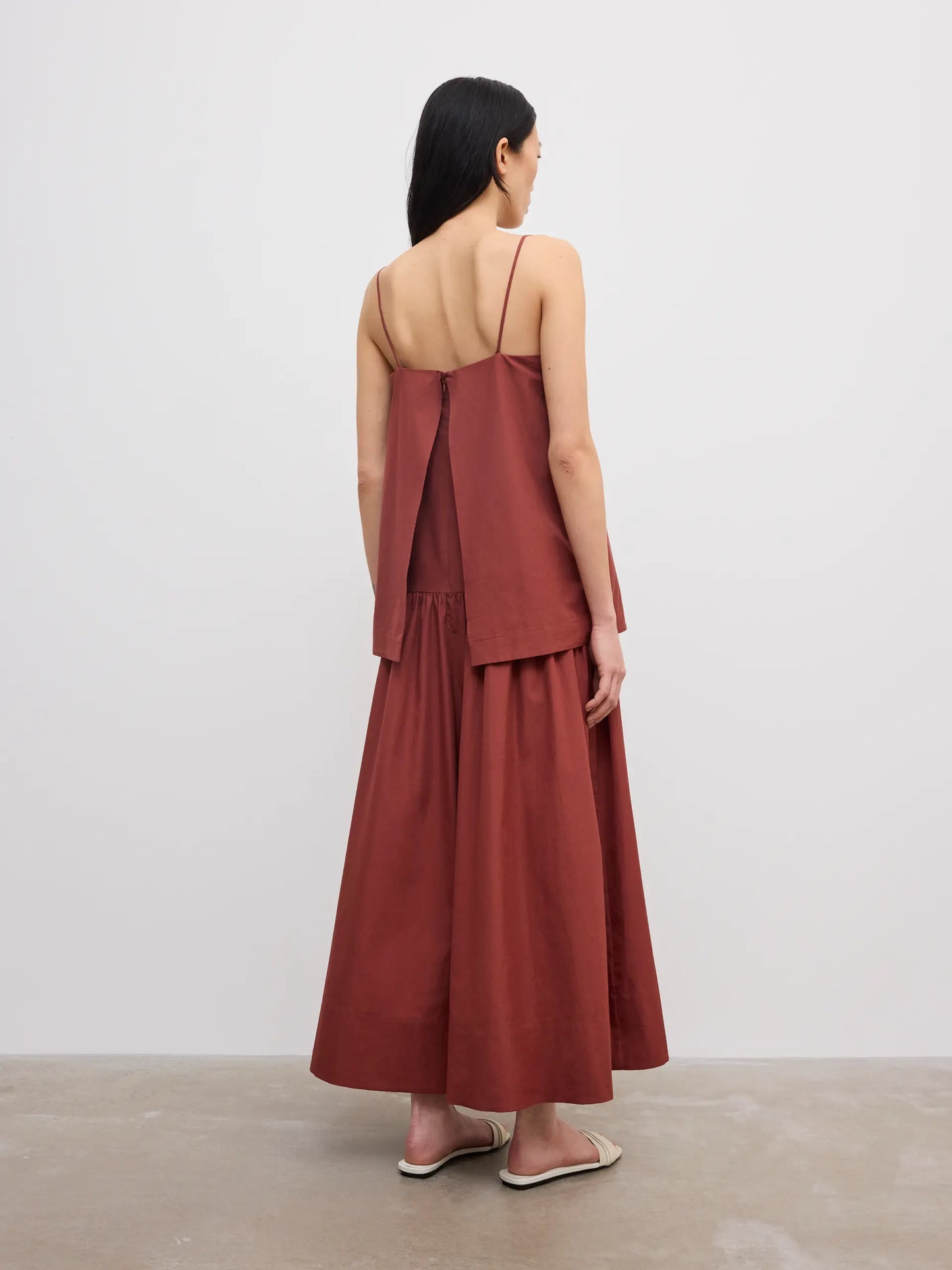 Cotton strap dress in mahogany red