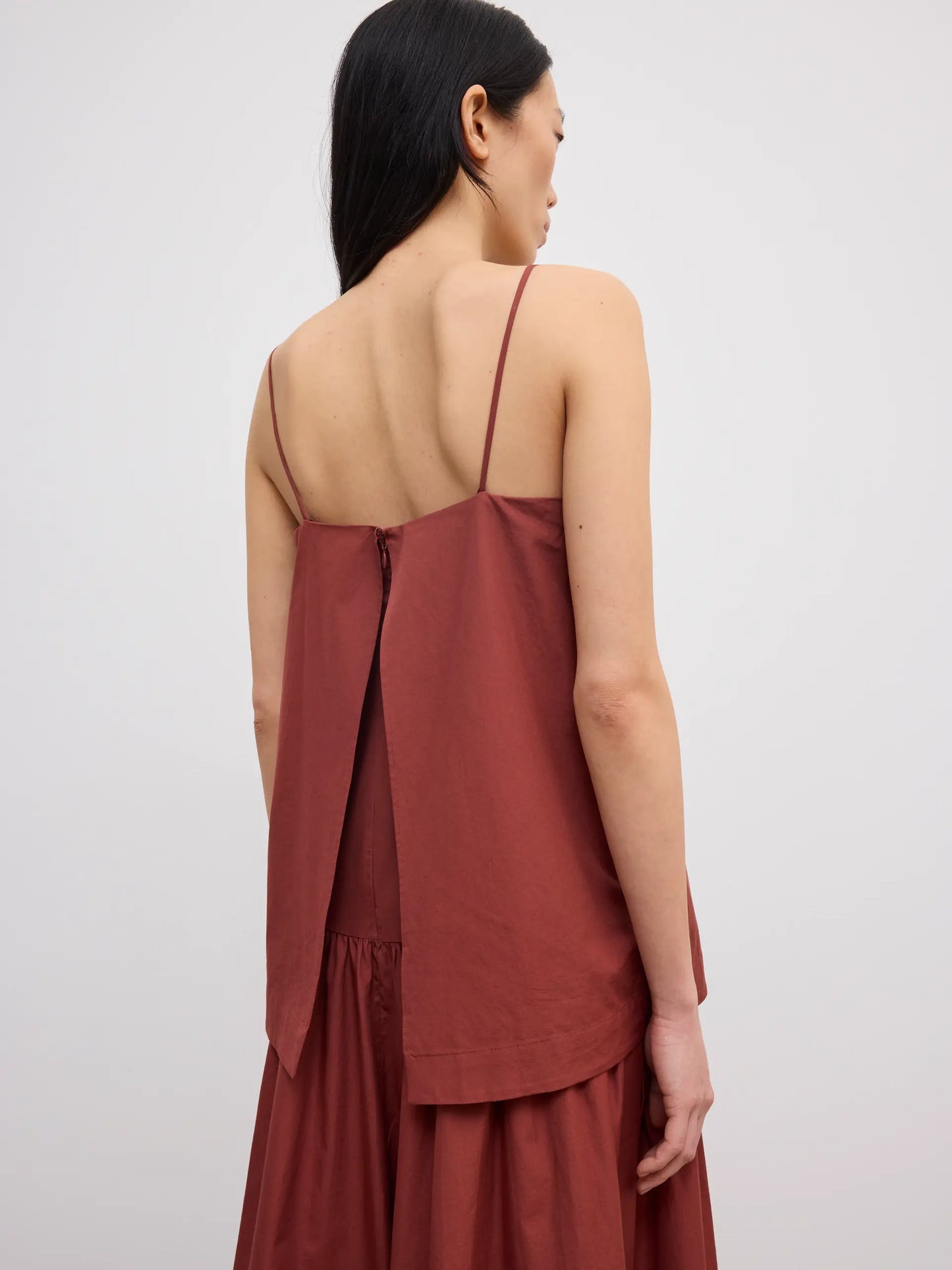 Cotton strap dress in mahogany red