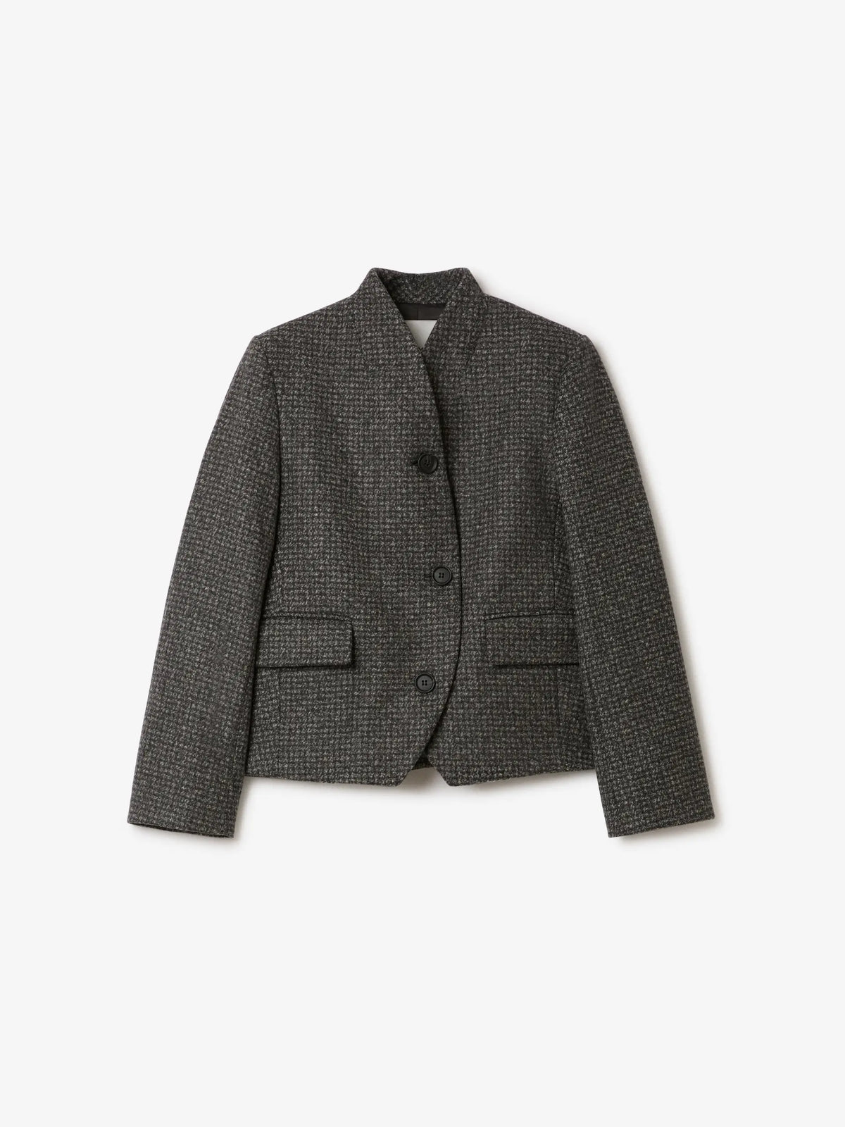 A dark gray and black textured tweed blazer with a notched lapel, three front buttons, and flap pockets, shown against a plain light gray background.