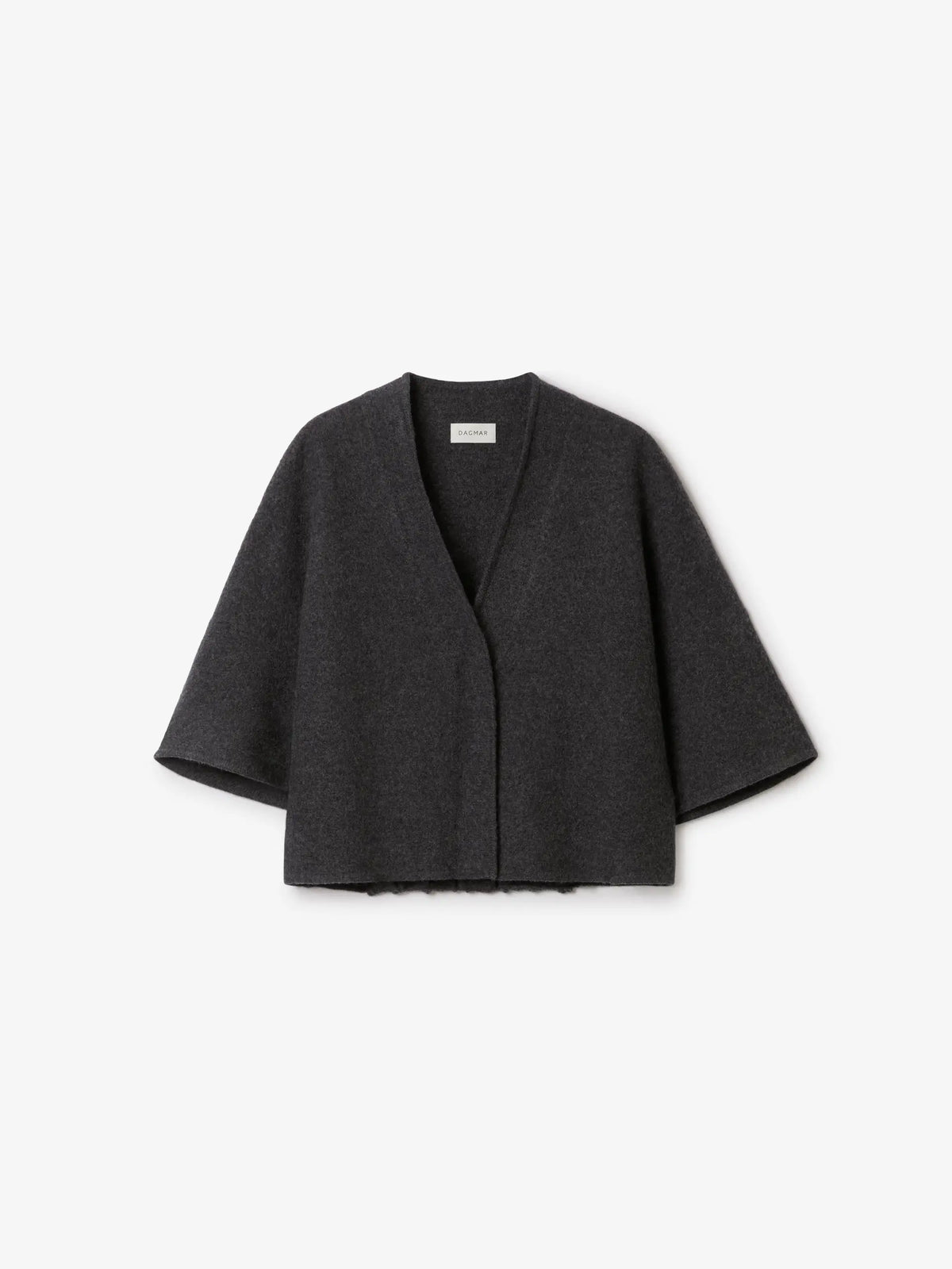 A dark gray cropped cardigan with wide three-quarter sleeves and a split V-neckline, displayed flat against a light gray background.