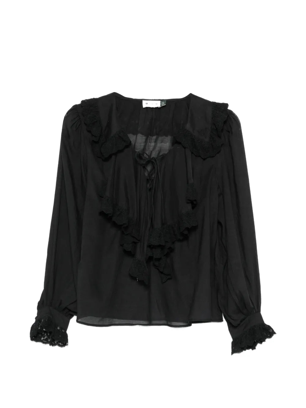 Black blouse with ruffled details on a white background