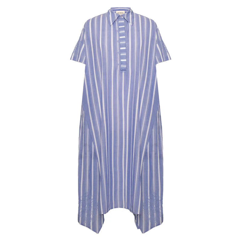 Blue and white striped dress on a white background