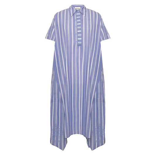 Blue and white striped dress on a white background