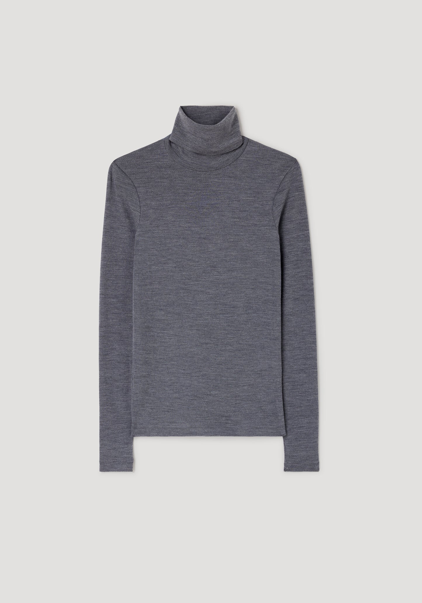 A dark gray heathered long-sleeve turtleneck sweater displayed flat against a light gray background.