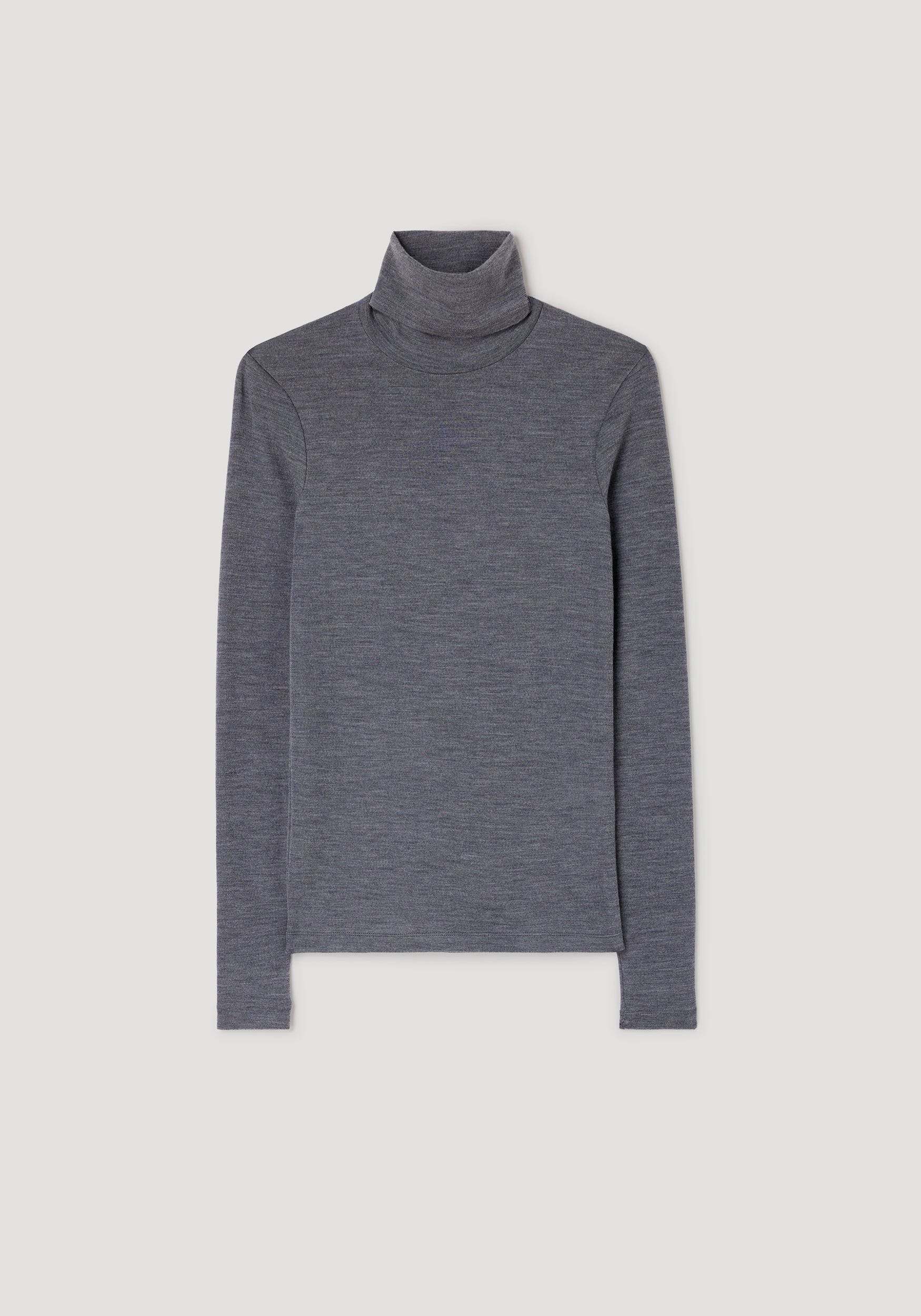 A dark gray heathered long-sleeve turtleneck sweater displayed flat against a light gray background.