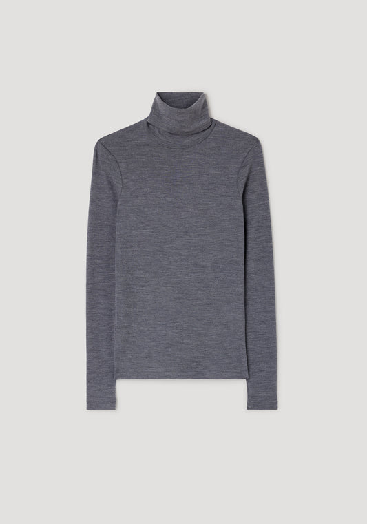 A dark gray heathered long-sleeve turtleneck sweater displayed flat against a light gray background.