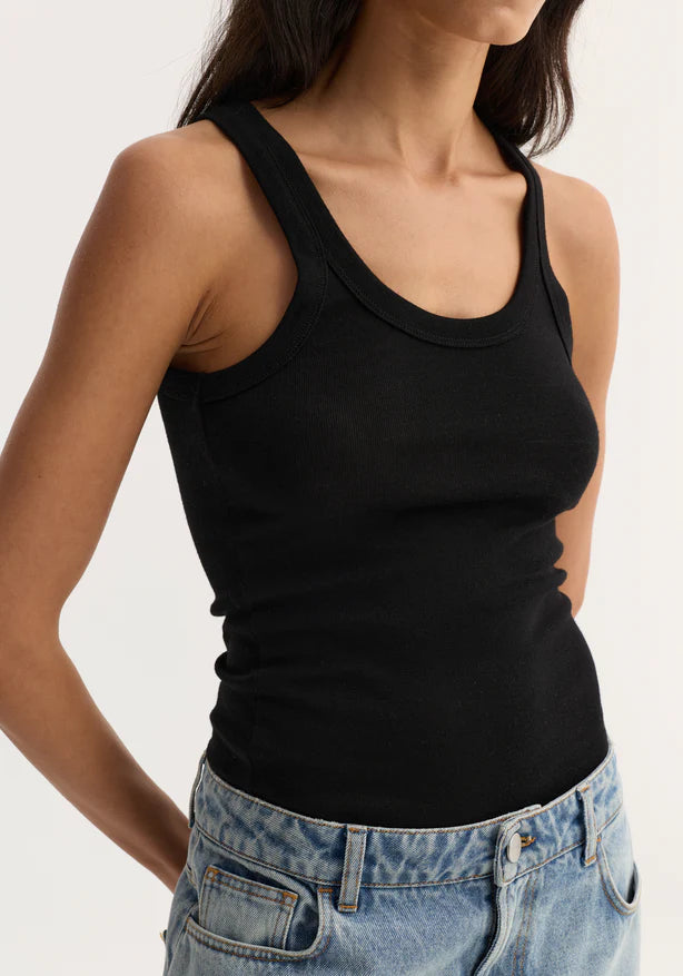 Person wearing a black tank top and blue jeans on a white background
