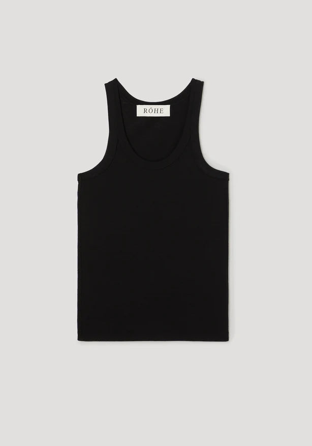 Black tank top with a brand label on a light gray background