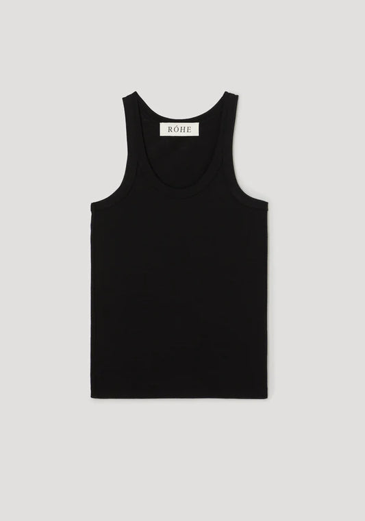 Black tank top with a brand label on a light gray background