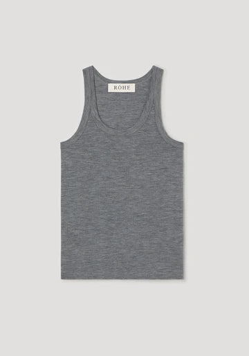 A heather gray sleeveless tank top laid flat against a light gray background, with a visible neck label reading ROHE.