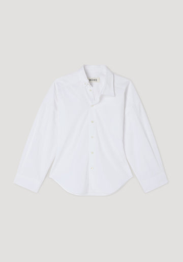 A white long-sleeve button-up shirt with a pointed collar, laid flat against a light gray background.