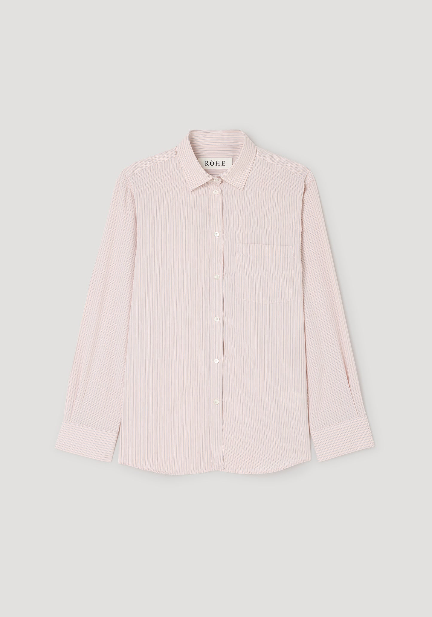 A light pink and white vertically striped long-sleeve button-down shirt with a collar and chest pocket, displayed flat against a light gray background.