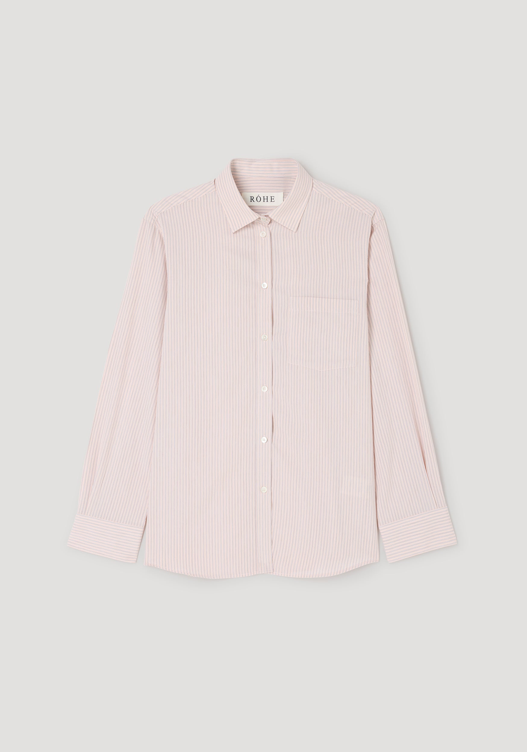 A light pink and white vertically striped long-sleeve button-down shirt with a collar and chest pocket, displayed flat against a light gray background.