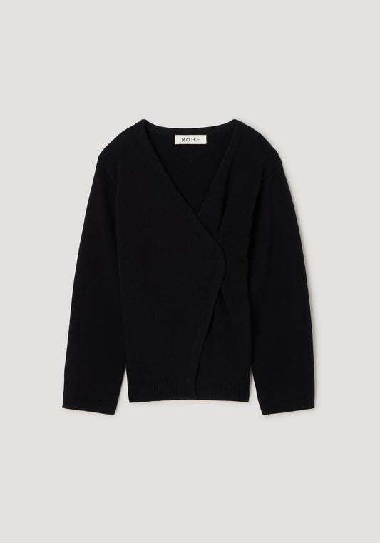 A black knit wrap cardigan sweater with long sleeves and a V-neckline, displayed flat against a light gray background. The brand name 'SALVAT' is visible on the inner neck label.