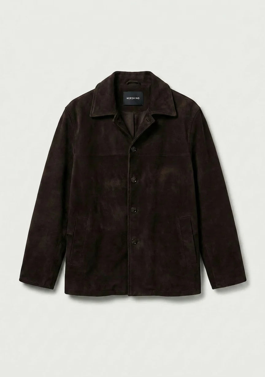 A dark brown suede jacket with a collar and front buttons, displayed flat against a light gray background.