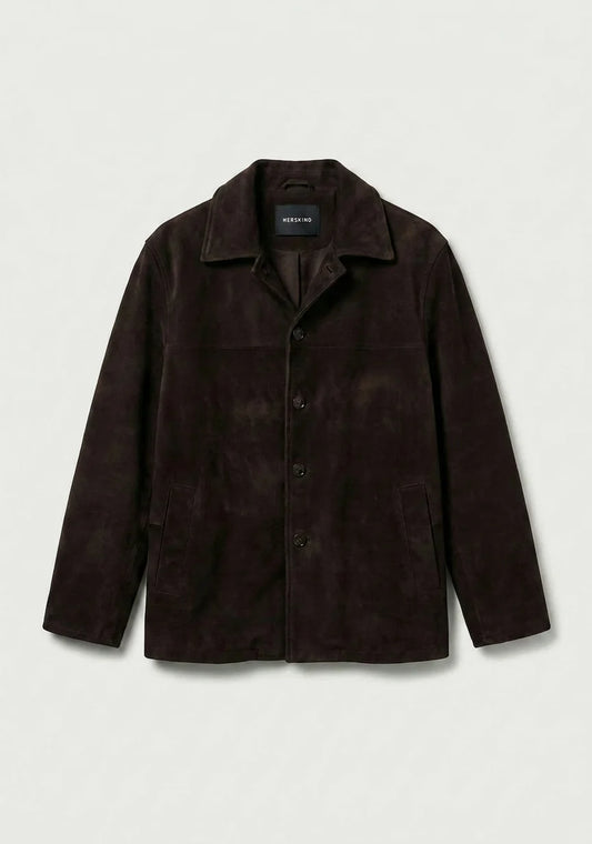 A dark brown suede jacket with a collar and front buttons, displayed flat against a light gray background.
