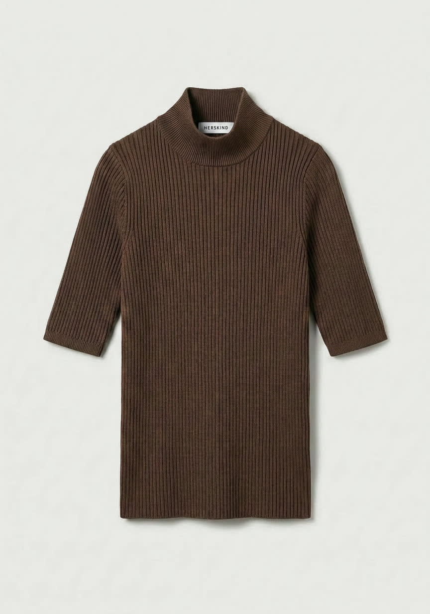 Brown ribbed dress on a light gray background