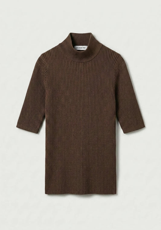 Brown ribbed dress on a light gray background