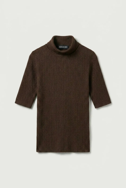Brown ribbed turtleneck sweater on a light gray background