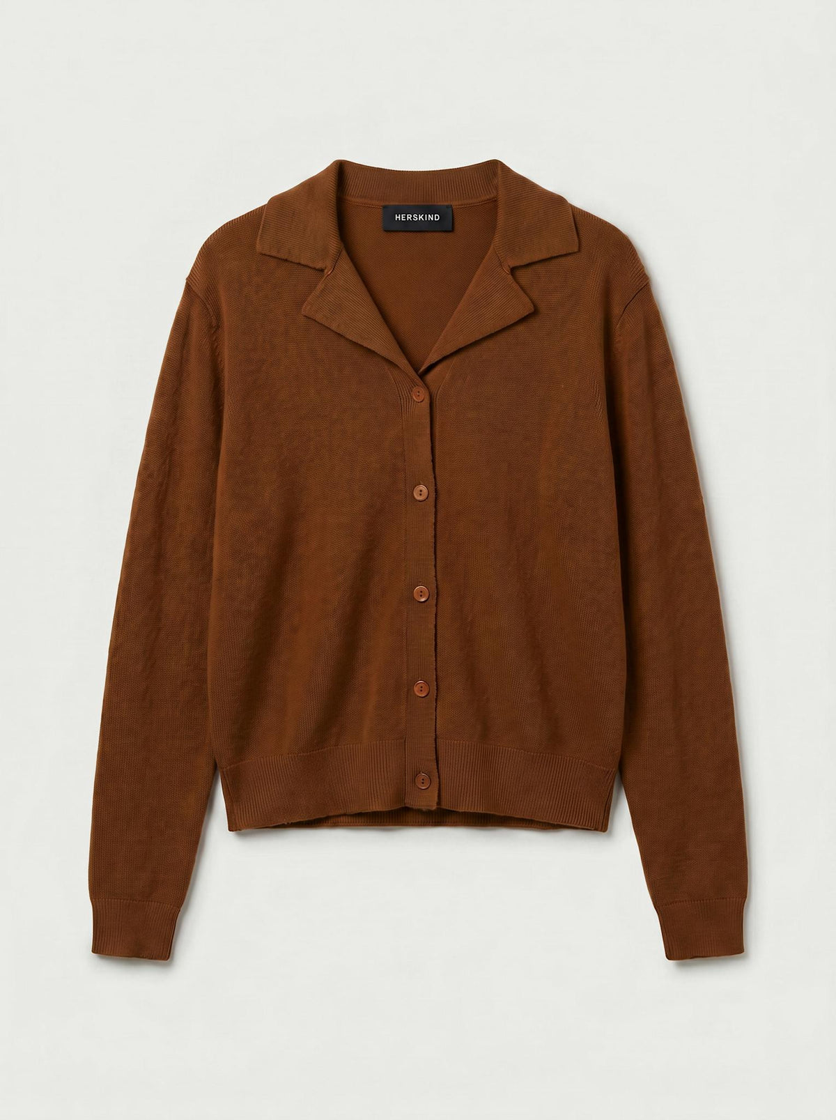 A brown knit cardigan sweater with a notched lapel collar and button-front closure, shown flat against a light gray background.