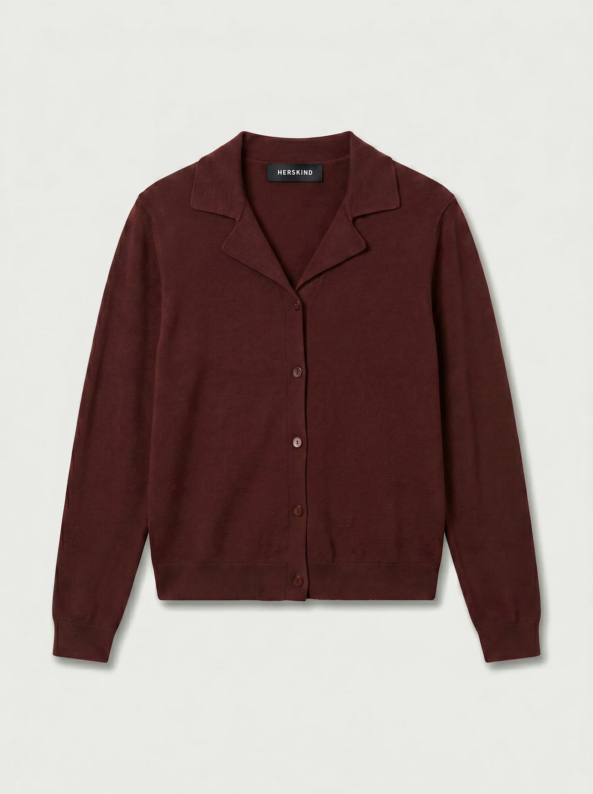A burgundy knit cardigan sweater with a notched lapel collar and button-front closure, laid flat against a light gray background. The brand name 'BERKEND' is visible on the inner neck label.