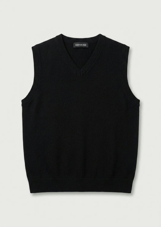 A black knit sweater vest with a V-neck, displayed flat against a light gray background. The brand name 'VERLINO' is visible on the inner neck label.