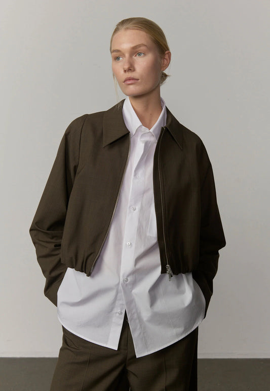 Front view of the relaxed bomber jacket
