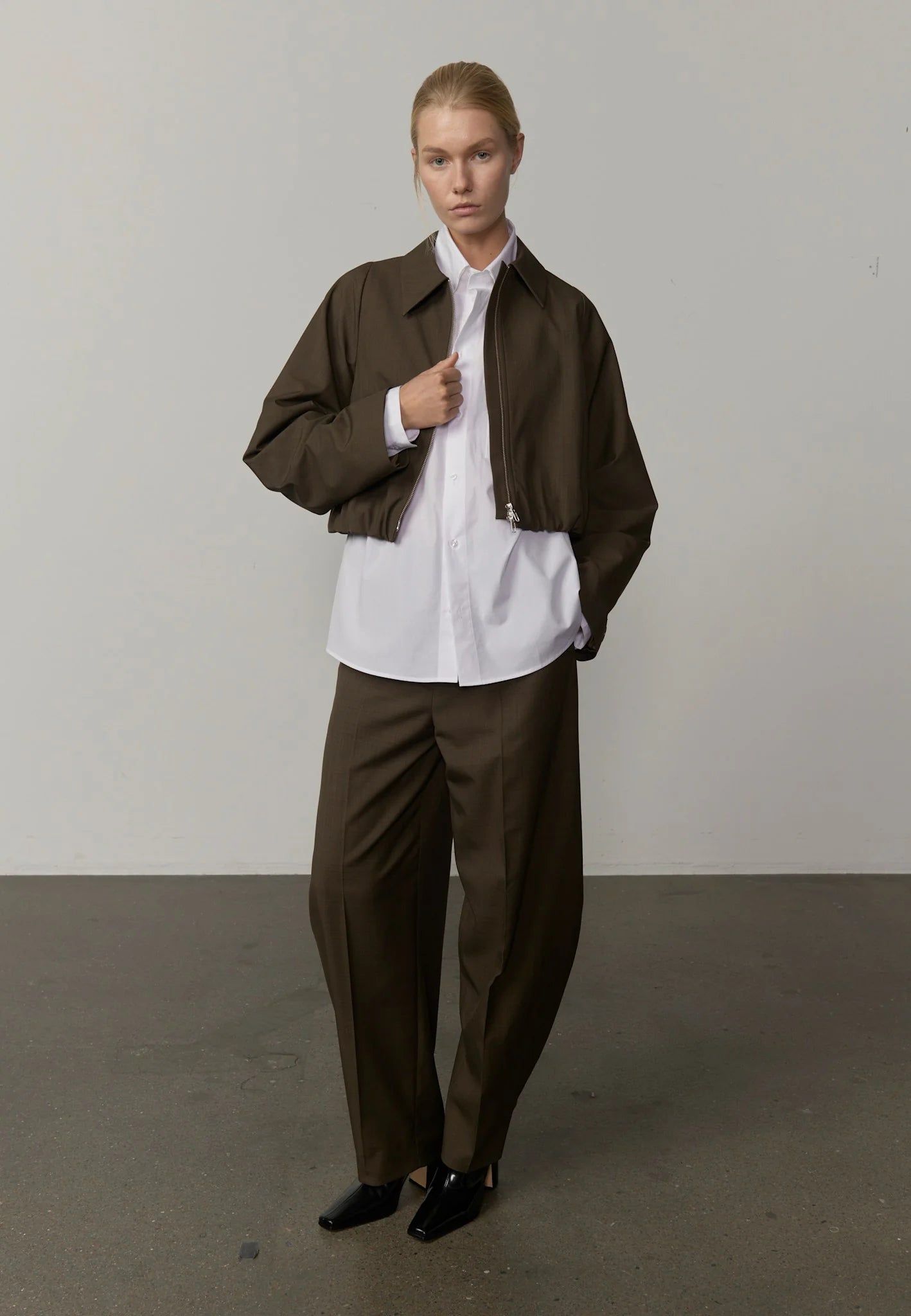Full look featuring the bomber jacket