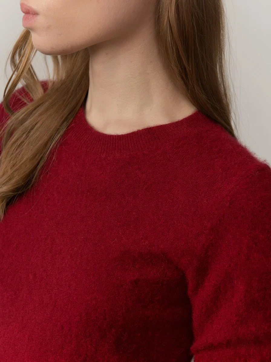 Full look featuring the red knit
