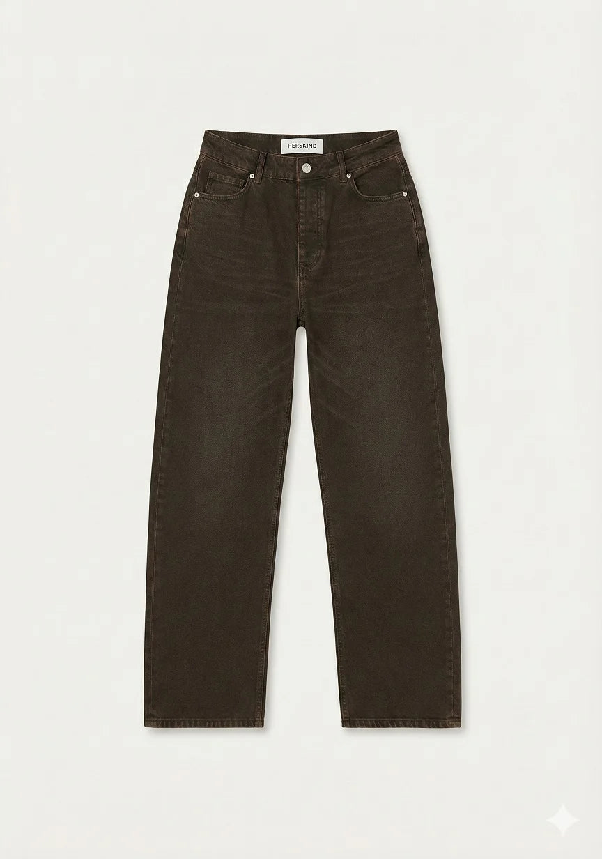Dark brown straight-leg jeans laid flat on a light gray background.