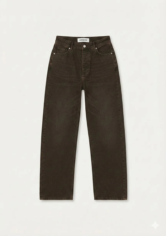Dark brown straight-leg jeans laid flat on a light gray background.