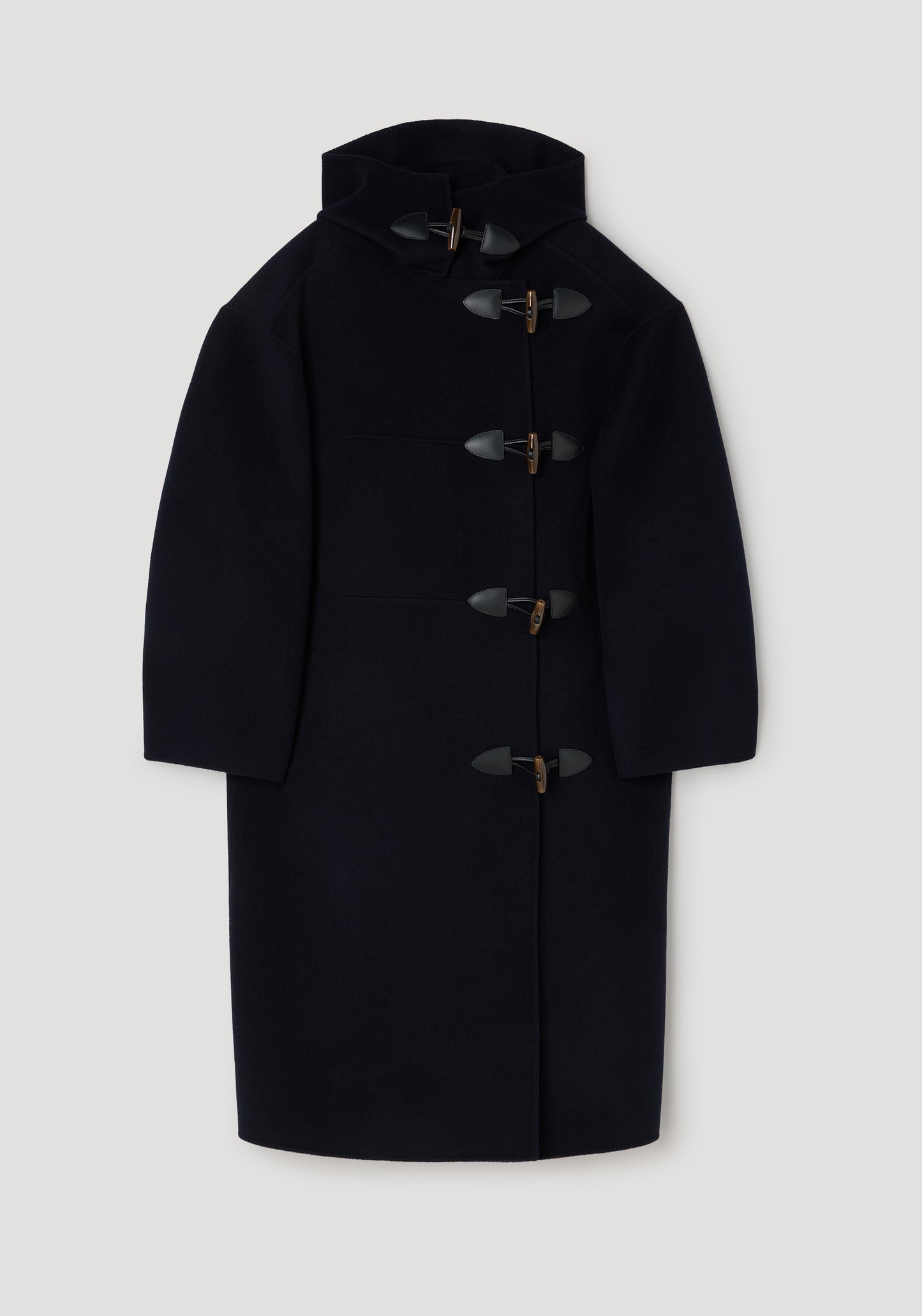 A black wool duffle coat with a high collar, long sleeves, and four dark toggle closures, displayed against a light gray background.