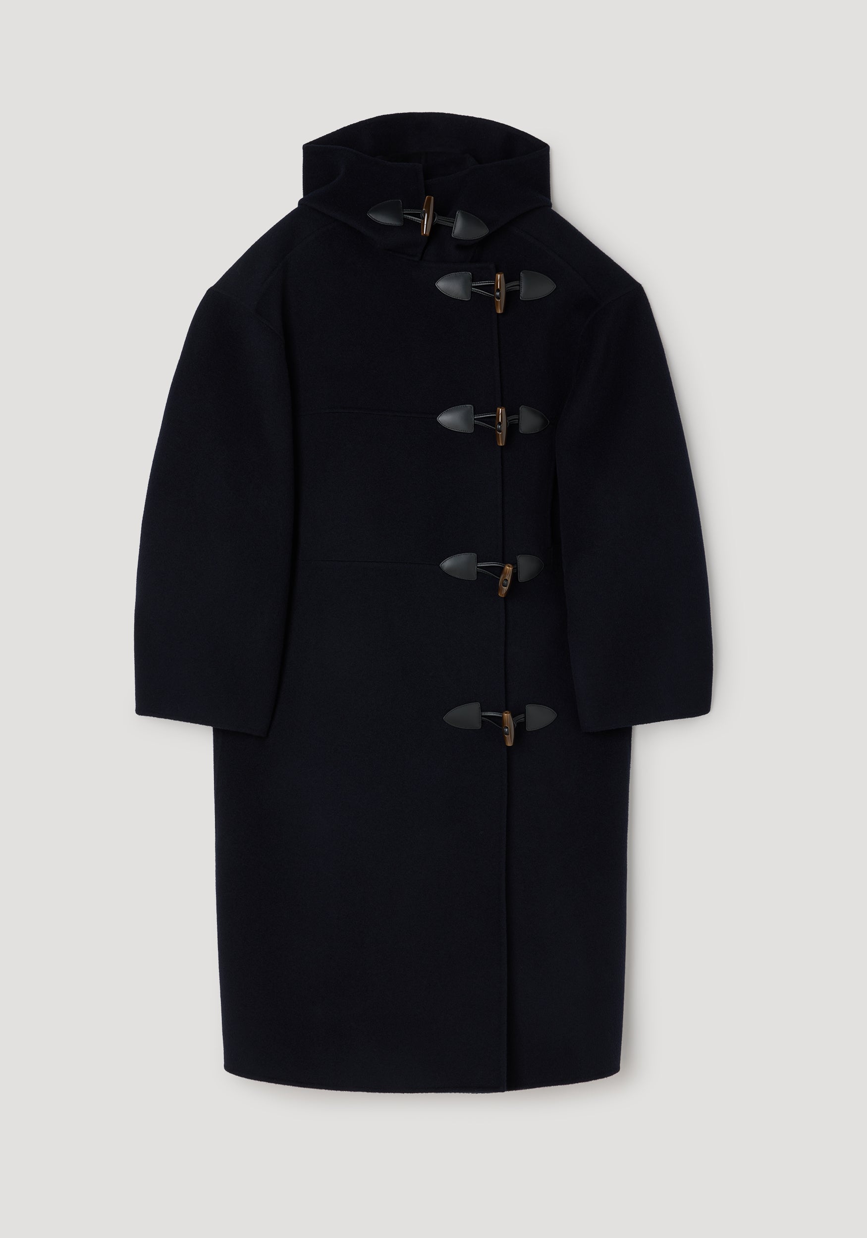 A black wool duffle coat with a high collar, long sleeves, and four dark toggle closures, displayed against a light gray background.