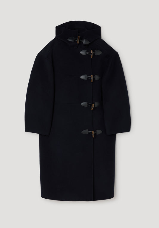 A black wool duffle coat with a high collar, long sleeves, and four dark toggle closures, displayed against a light gray background.
