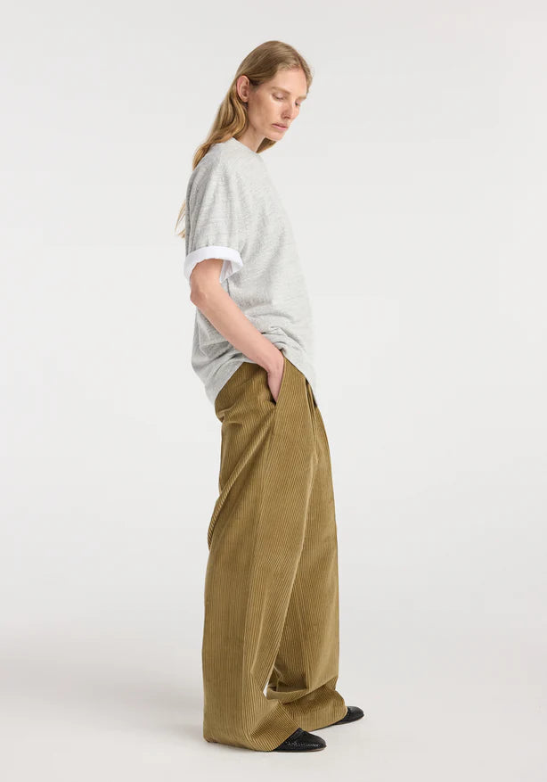 Person wearing a light gray t-shirt and beige wide-leg pants on a white background