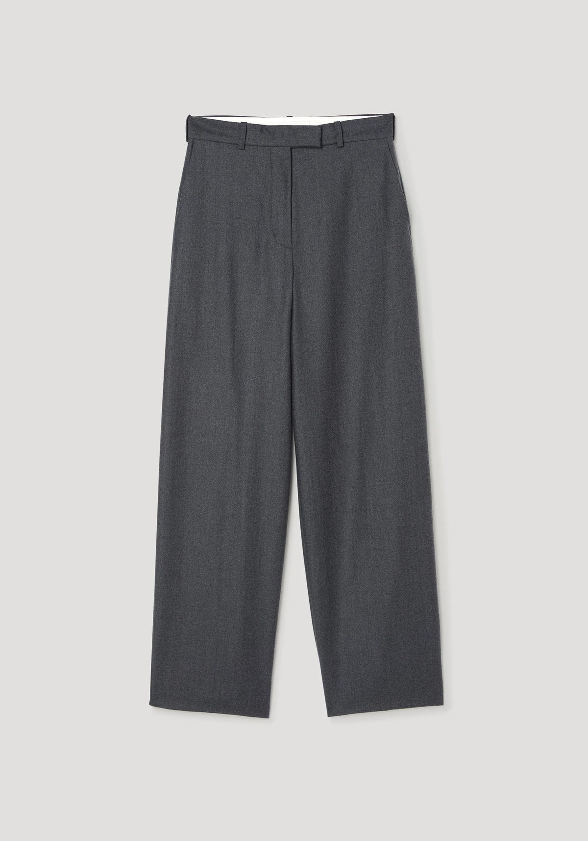 A pair of dark gray wide-leg trousers shown flat against a light gray background.