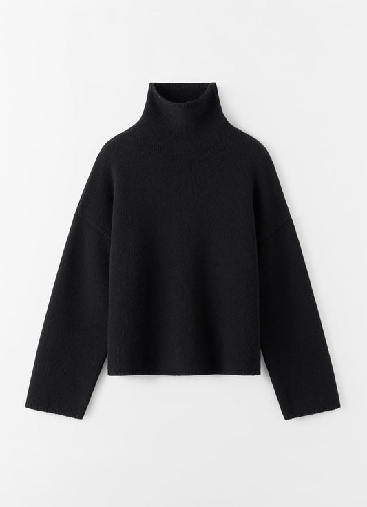 A black cropped turtleneck sweater with long sleeves, displayed flat against a clean white background.
