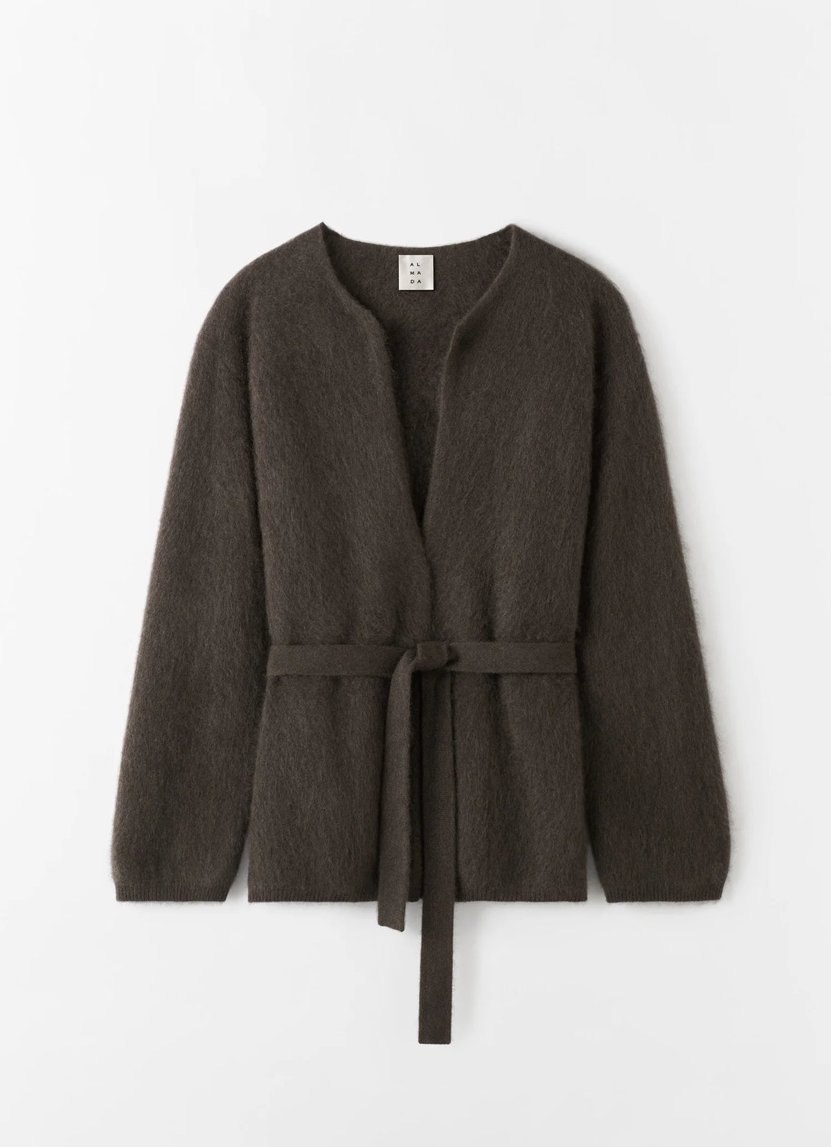 Brown cardigan with a belt on a white background