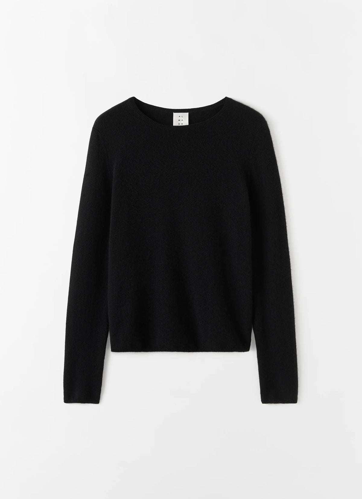 A black long-sleeve crewneck knit sweater displayed flat against a clean white background.
