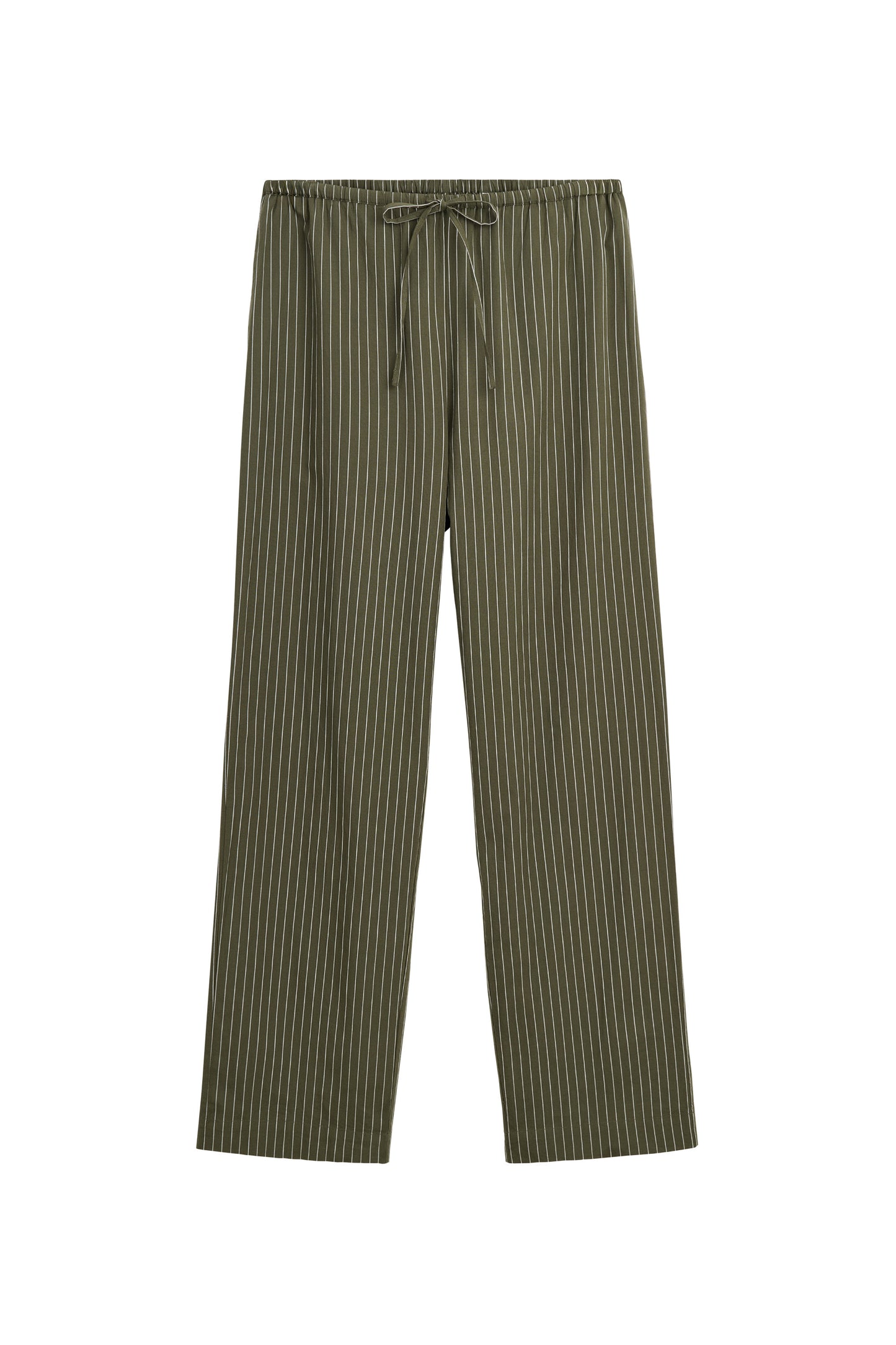 A pair of olive green trousers with thin vertical dark pinstripes and a matching drawstring waistband, shown flat against a plain white background.