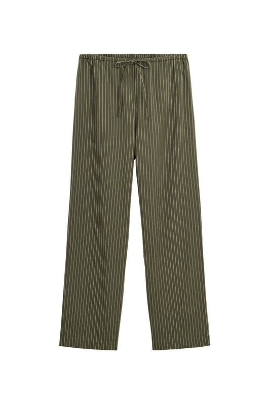 A pair of olive green trousers with thin vertical dark pinstripes and a matching drawstring waistband, shown flat against a plain white background.