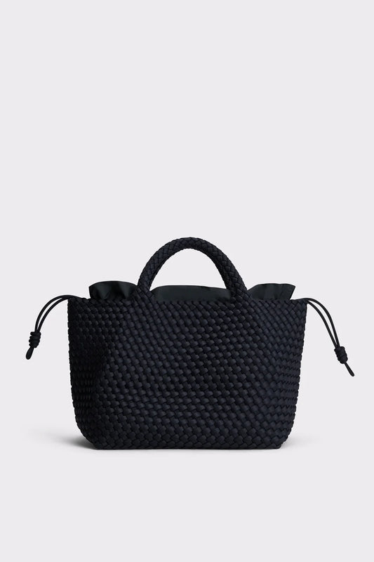 A black woven top-handle handbag with drawstring details on the sides, shown against a light gray studio background.